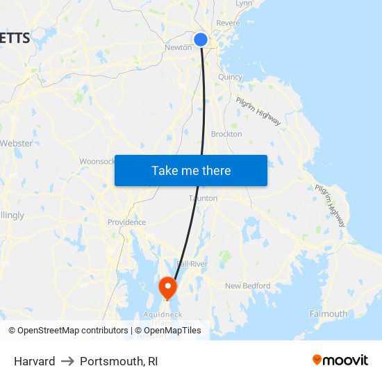 Harvard to Portsmouth, RI map