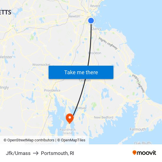 Jfk/Umass to Portsmouth, RI map