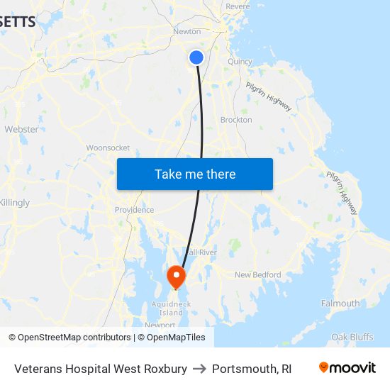 Veterans Hospital West Roxbury to Portsmouth, RI map