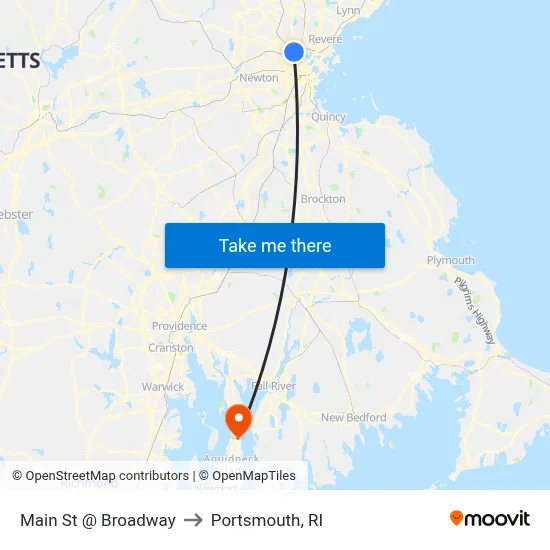 Main St @ Broadway to Portsmouth, RI map