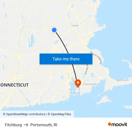 Fitchburg to Portsmouth, RI map