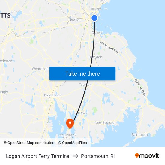 Logan Airport Ferry Terminal to Portsmouth, RI map