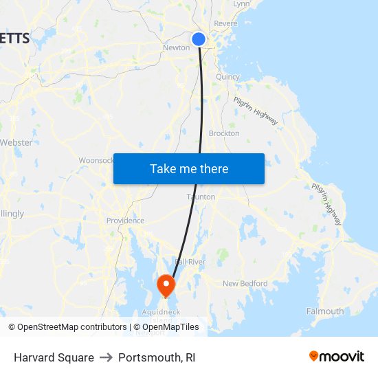Harvard Square to Portsmouth, RI map