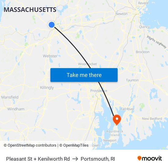 Pleasant St + Kenilworth Rd to Portsmouth, RI map