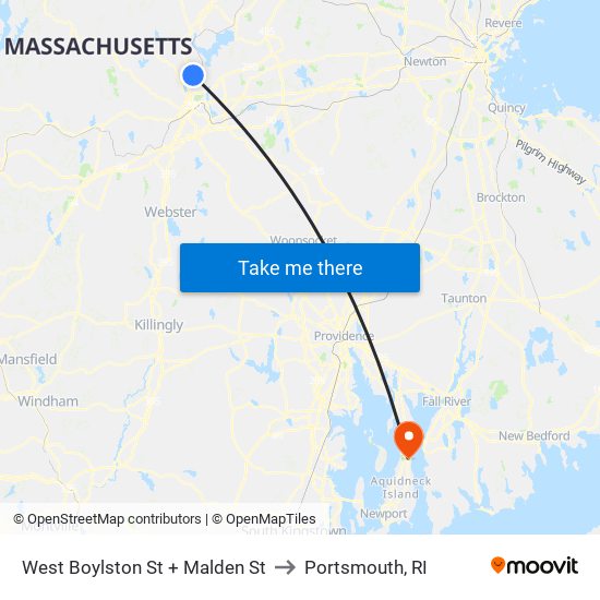 West Boylston St + Malden St to Portsmouth, RI map