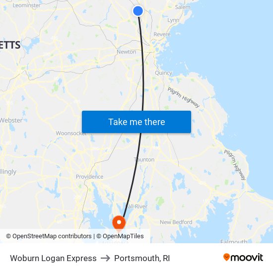 Woburn Logan Express to Portsmouth, RI map