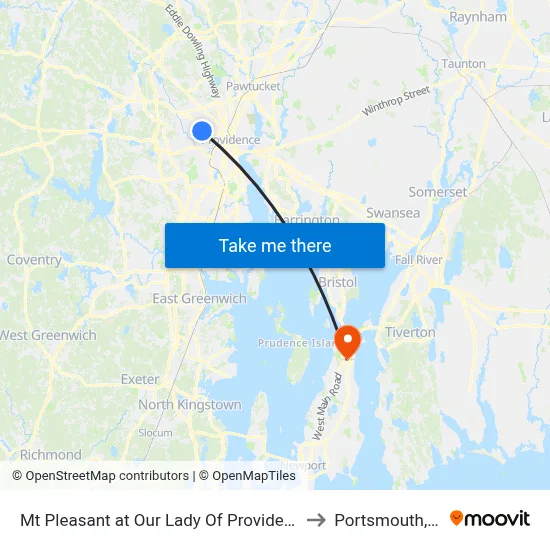 Mt Pleasant at Our Lady Of Providence to Portsmouth, RI map