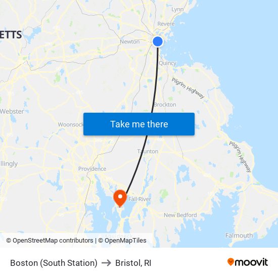 Boston (South Station) to Bristol, RI map
