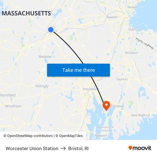 Worcester Union Station to Bristol, RI map