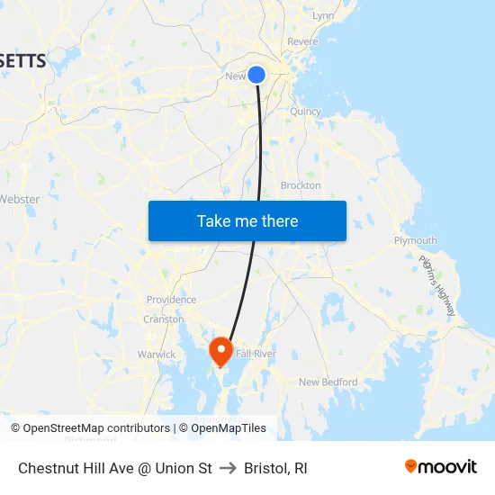 Chestnut Hill Ave @ Union St to Bristol, RI map