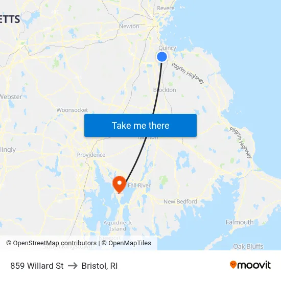 859 Willard St to Bristol, RI map