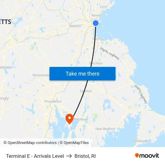 Terminal E - Arrivals Level to Bristol, RI map