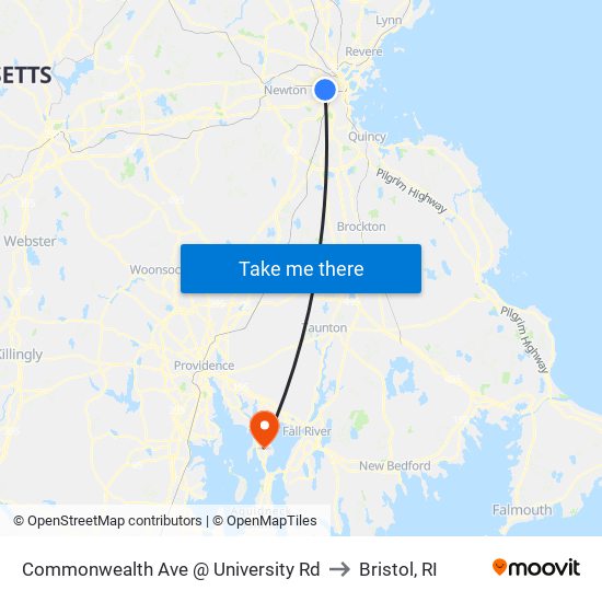 Commonwealth Ave @ University Rd to Bristol, RI map