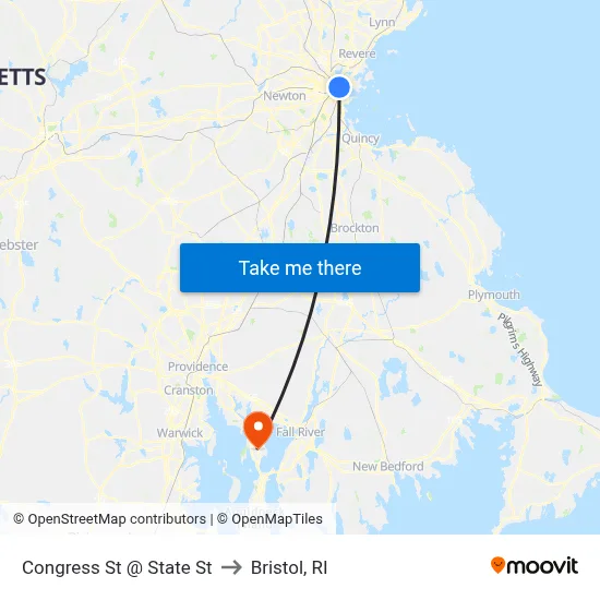Congress St @ State St to Bristol, RI map