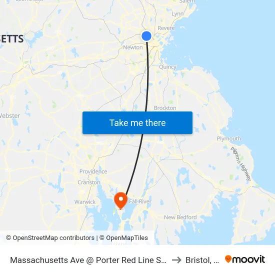 Massachusetts Ave @ Porter Red Line Sta to Bristol, RI map