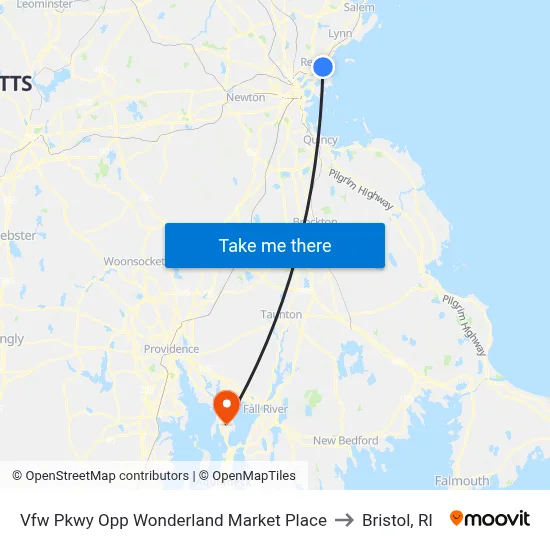 Vfw Pkwy Opp Wonderland Market Place to Bristol, RI map