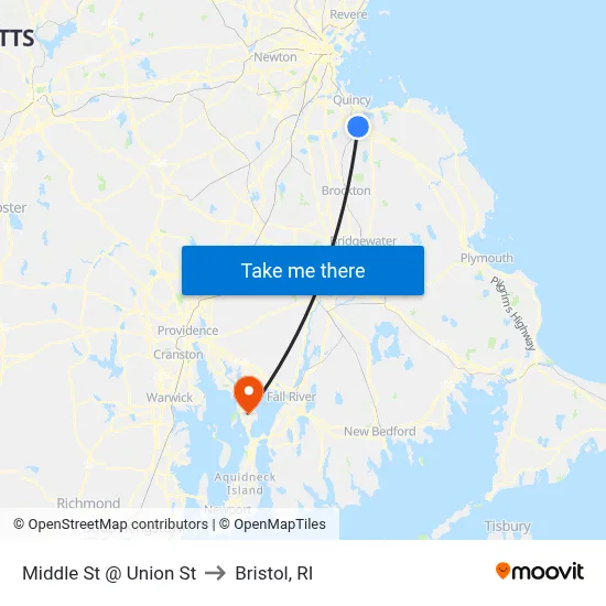 Middle St @ Union St to Bristol, RI map