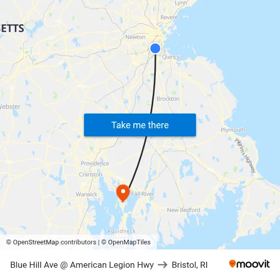 Blue Hill Ave @ American Legion Hwy to Bristol, RI map