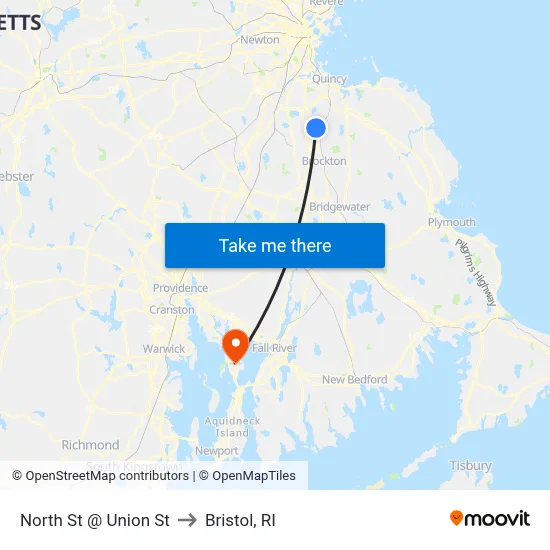 North St @ Union St to Bristol, RI map