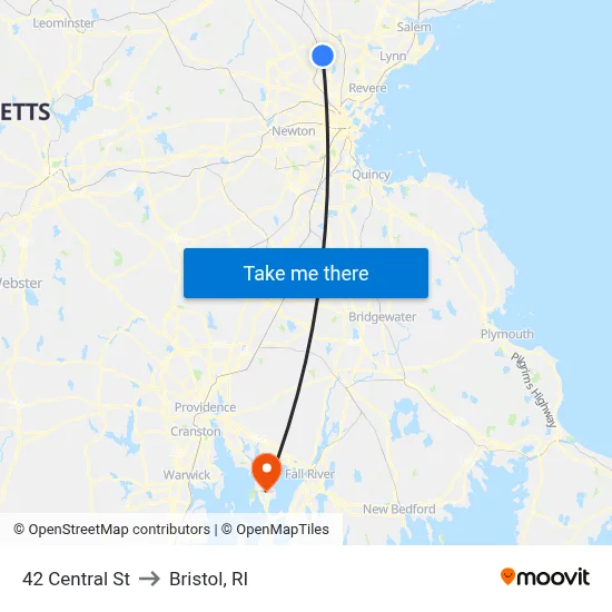 42 Central St to Bristol, RI map