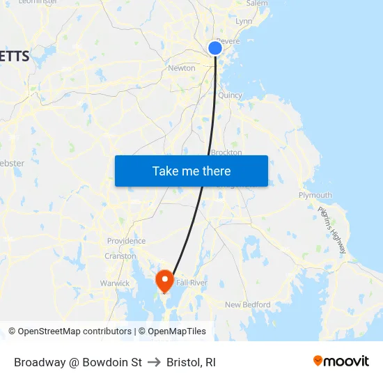 Broadway @ Bowdoin St to Bristol, RI map