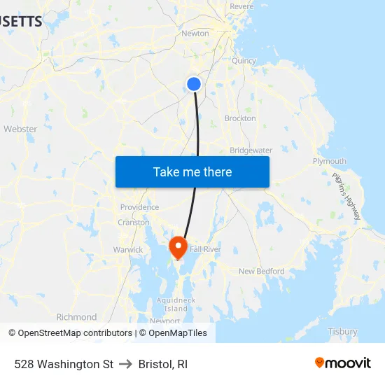 528 Washington St to Bristol, RI map
