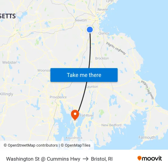 Washington St @ Cummins Hwy to Bristol, RI map