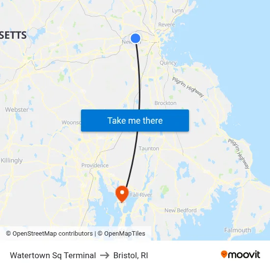 Watertown Sq Terminal to Bristol, RI map