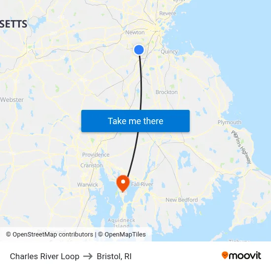 Charles River Loop to Bristol, RI map
