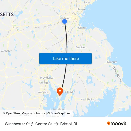 Winchester St @ Centre St to Bristol, RI map