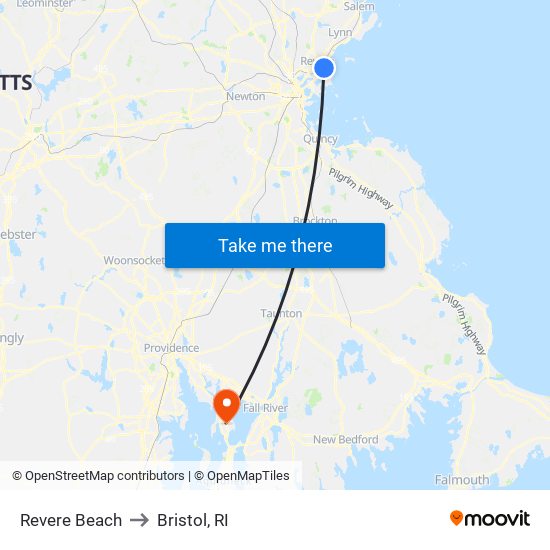 Revere Beach to Bristol, RI map