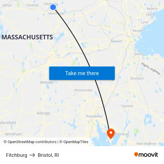 Fitchburg to Bristol, RI map