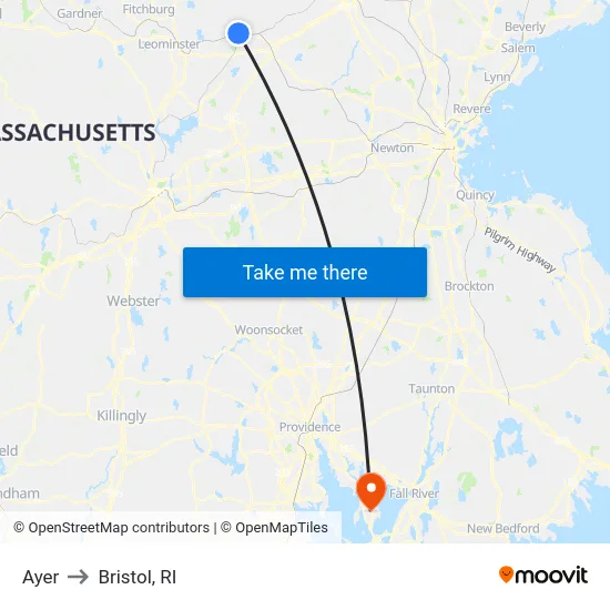 Ayer to Bristol, RI map