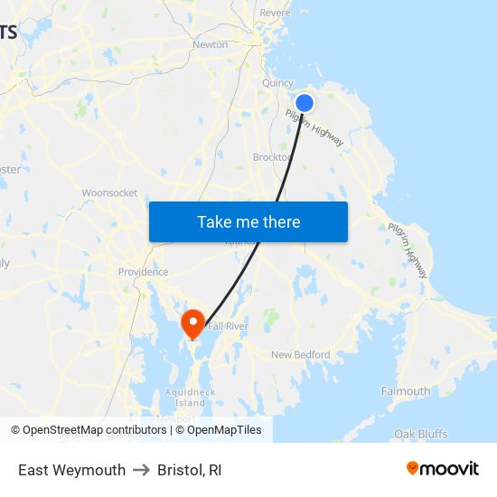 East Weymouth to Bristol, RI map