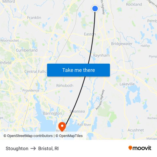 Stoughton to Bristol, RI map