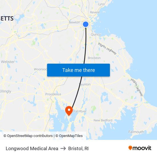 Longwood Medical Area to Bristol, RI map
