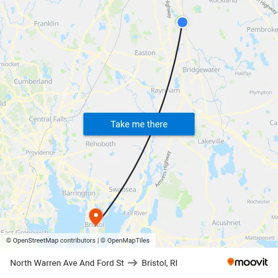 North Warren Ave And Ford St to Bristol, RI map