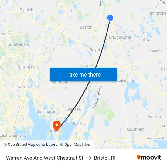 Warren Ave And West Chestnut St to Bristol, RI map