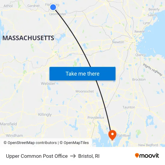 Upper Common Post Office to Bristol, RI map