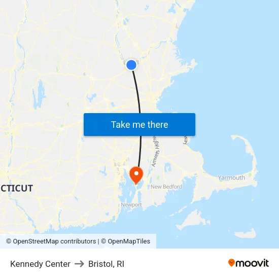 Kennedy Center to Bristol, RI map