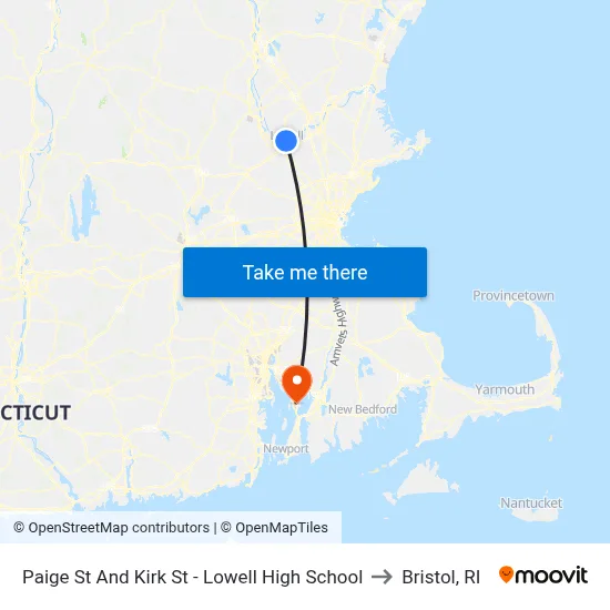 Paige St And Kirk St - Lowell High School to Bristol, RI map