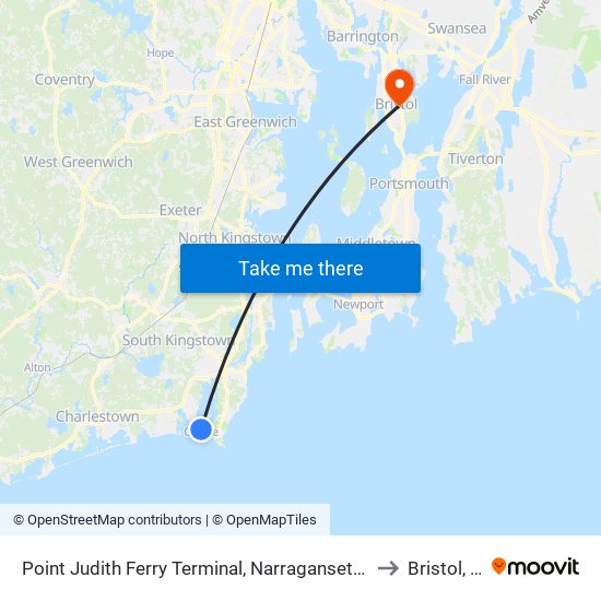 Point Judith Ferry Terminal, Narragansett, Ri to Bristol, RI map