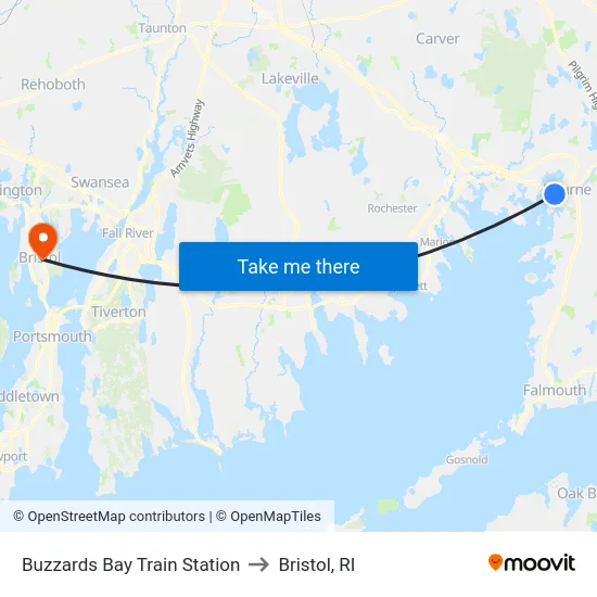 Buzzards Bay Train Station to Bristol, RI map