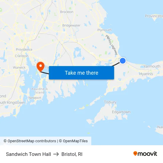Sandwich Town Hall to Bristol, RI map