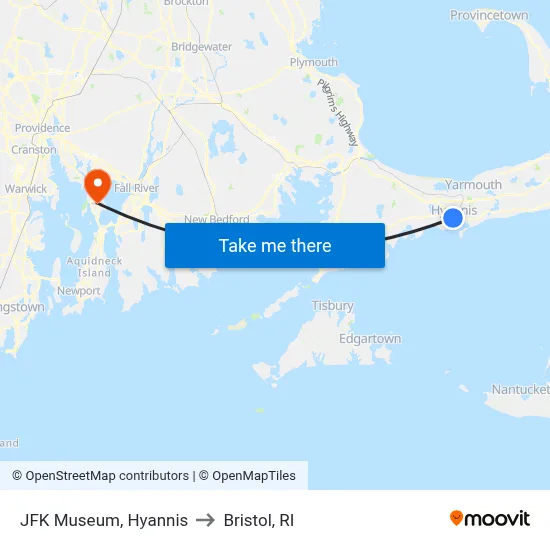 JFK Museum, Hyannis to Bristol, RI map