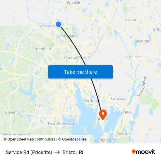 Service Rd (Pricerite) to Bristol, RI map