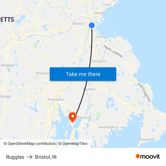 Ruggles to Bristol, RI map