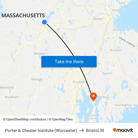 Porter & Chester Institute (Worcester) to Bristol, RI map