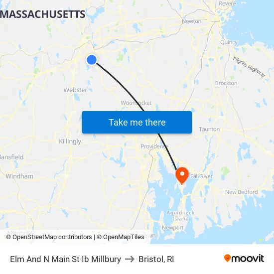 Elm And N Main St Ib Millbury to Bristol, RI map