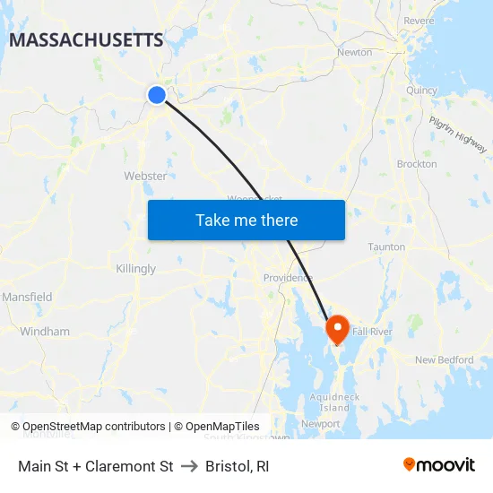 Main St + Claremont St to Bristol, RI map